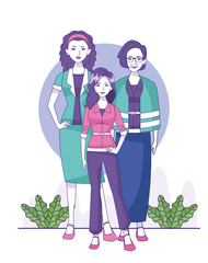 old woman, woman and teenager girl standing, colorful design