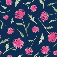 Fototapeta na wymiar Pink chrysanthemum flowers watercolor painting - hand drawn seamless pattern on navy blue background