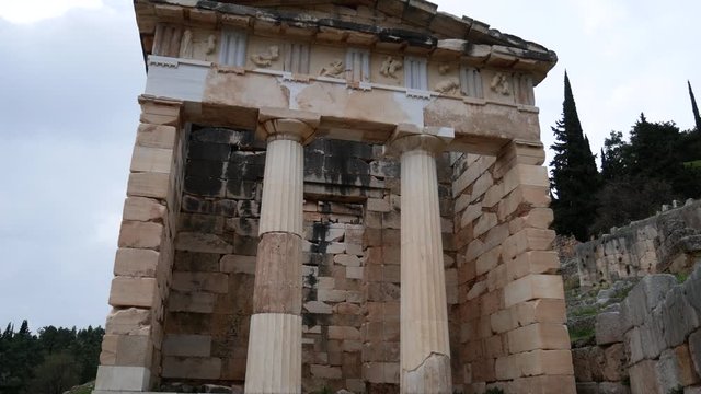 Treasury of Athens, archaeological site of Delphi along the slope of Mount Parnassus, UNESCO World Heritage, Greece.