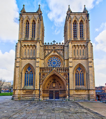 View of the Bristol Cathedral facade in a sunny winter afternoon, England