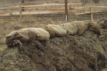 Sandbags made from coarse fabric reinforce the edge of the army trench in the field. Preparing infantry positions during exercises. - obrazy, fototapety, plakaty