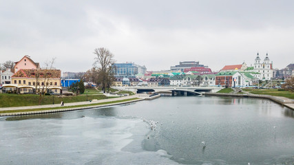 Obraz premium Aerial view on Trinity or Troitskoe suburb and historical center in Minsk. Historical building of the city. Travel concept.
