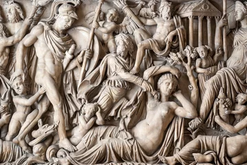 Tuinposter Italian Renaissance sculptural relief of metaphorical men and women draped in robes in Rome, Italy © PeskyMonkey