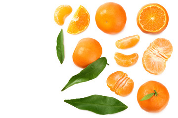 mandarin with slices and green leaf isolated on white background. top view