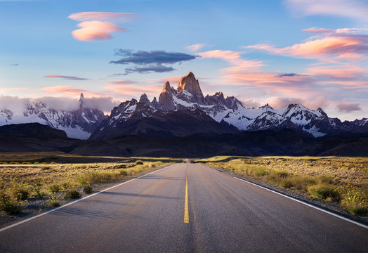 Sunset on Road to El Chalten - view of Mt Fitzroy and Cerro Torre