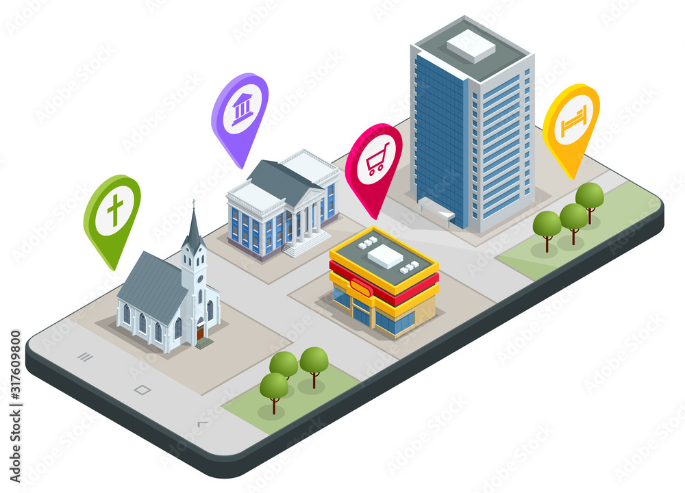 Poster isometric town map with gps navigation mobile application, traveling navigation, interactive city na
