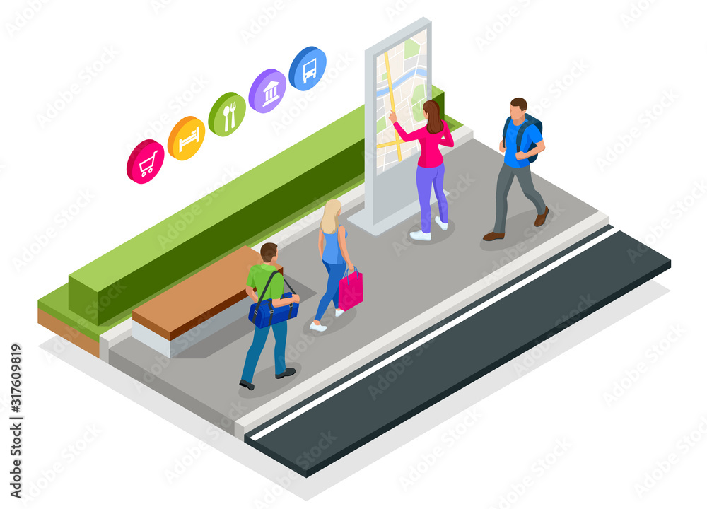 Poster isometric town map with gps navigation mobile application, traveling navigation, interactive city na