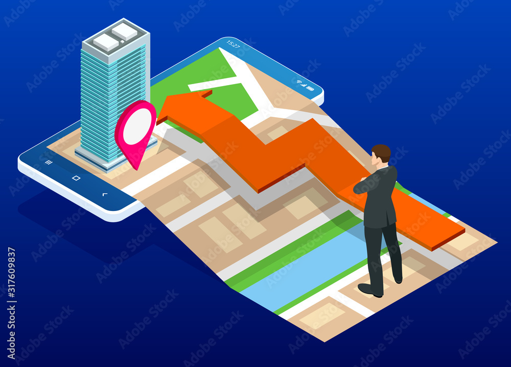 Poster isometric town map with gps navigation mobile application, traveling navigation, interactive city na