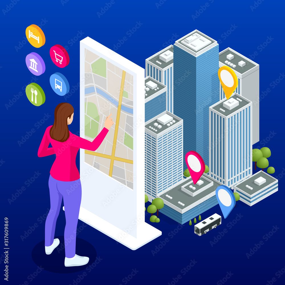 Poster isometric town map with gps navigation mobile application, traveling navigation, interactive city na