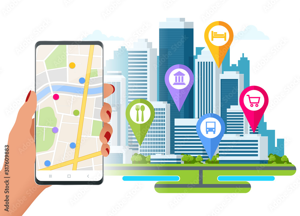 Poster isometric town map with gps navigation mobile application, traveling navigation, interactive city na