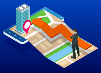 Isometric town map with GPS navigation mobile application, Traveling Navigation, interactive city navigation. City navigation map with pins or gps map, cityscape.