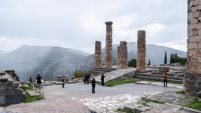 Ruins of the ancient temple of Apollo, archaeological site of Delphi along the slope of Mount Parnassus, UNESCO World Heritage, Greece.