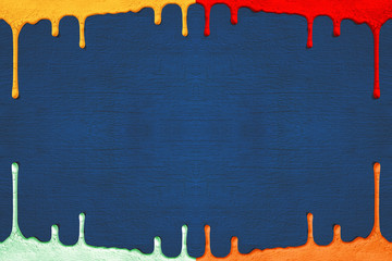 The blue concrete plaster wall on which the smudges of paint of different colors froze in different directions. Concept texture, background, rise, fall.