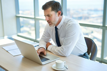 Serious mature businessman working at his laptop office computer