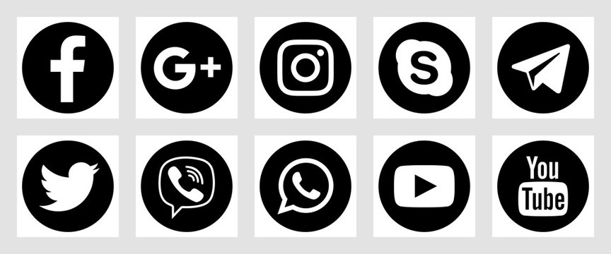 VORONEZH, RUSSIA - JANUARY 16, 2020: Set of flat round social media icons in black colors. Facebook, Twitter, Instagram, YouTube, Skype, Telegram and others