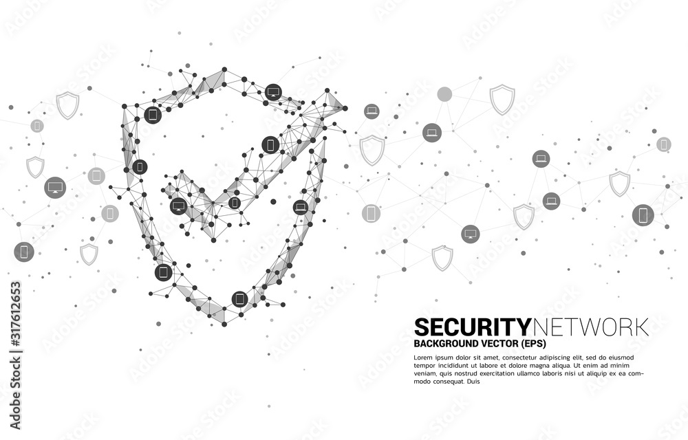 Poster Protection shield icon from dot connect line polygon network and mobile phone and IT device. concept of guard security and safety