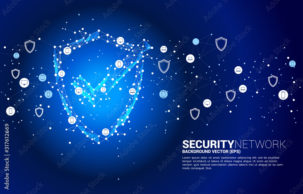 Poster Protection shield icon from dot connect line polygon network and mobile phone and IT device. concept of guard security and safety