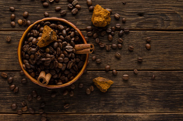Mushroom Chaga Coffee mushrooms and coffee beans on dark background