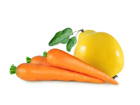 Three fresh carrots and ripe yellow quince with leaves isolated on white background. Colorful vegetable and fruits for label or pack.    