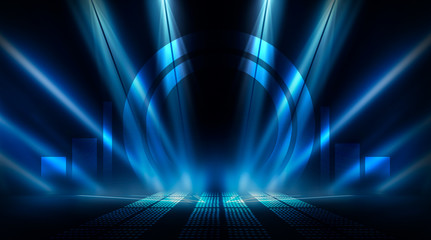 Obraz premium Background of empty show scene. Empty dark modern abstract neon background. Glow of neon lights on an empty stage, diodes, rays and lines. Lights of the night city.
