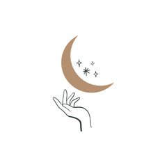 Human hand moonlight logo or icon symbol. Night sky concept, a phase of the Moon. Isolated on white background. Good for natural theme design, beauty industry, wedding postcards. Vector illustration. 