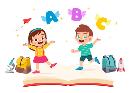 happy cute little kid boy and girl with book and letter