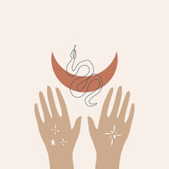 Fototapeta premium Hands with line art snake and Moon symbol. Alchemy, boho and witchcraft concept. Sacred geometry. Vector illustration. Clipart