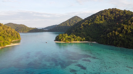 Aerial view of Surin Islands on a beautful sunset, Thailand