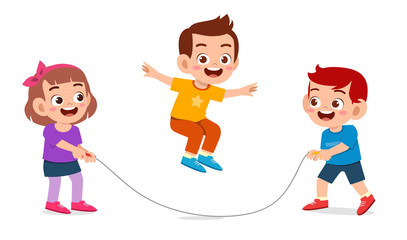 happy cute kid boy and girl play jump rope - obrazy, fototapety, plakaty