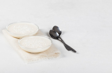 Vanilla Panna cotta, Italian dessert creamy jelly with coconut shavings on a light background