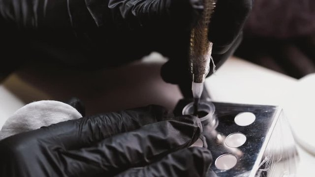 The master in gloves is taking the dye for brows in a tool for microblading.