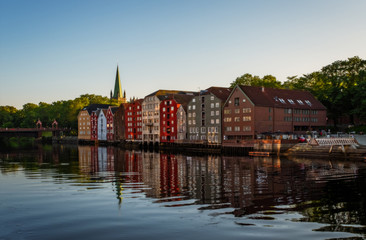 Fototapeta na wymiar Evening cityscape of Trondheim, Norway - architecture background in july 2019