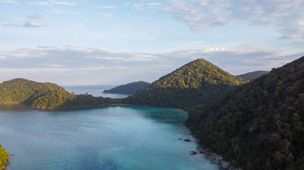 Aerial view of Surin Islands on a beautful sunset, Thailand