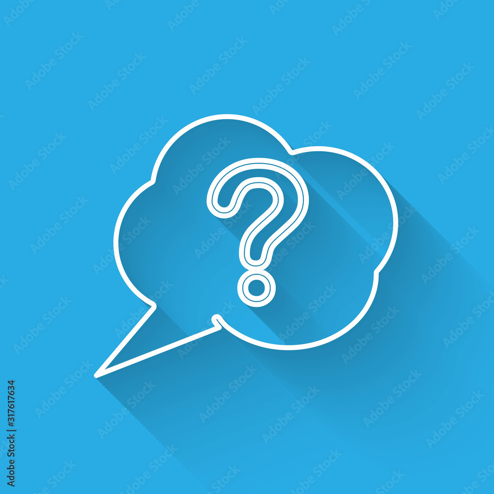 Poster white line speech bubble and question icon isolated with long shadow. faq sign. copy files, chat spe