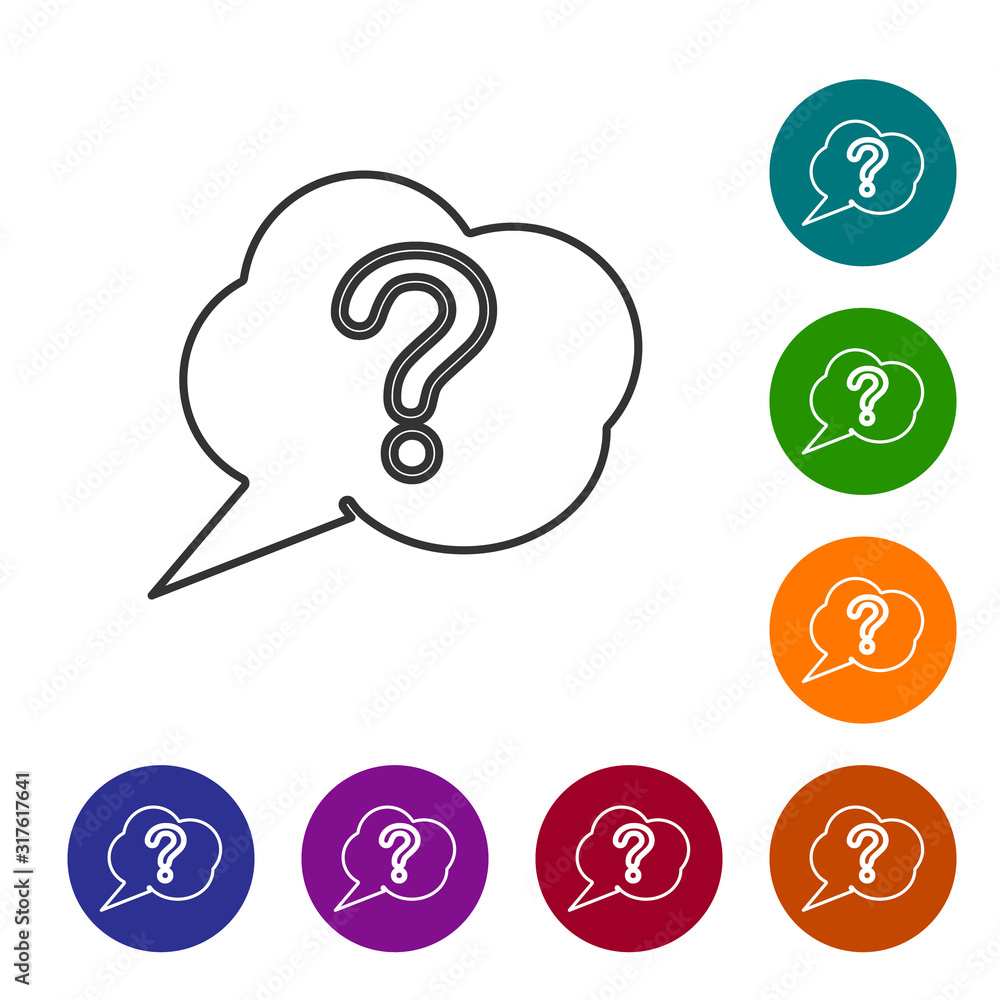Poster grey line speech bubble and question icon isolated on white background. faq sign. copy files, chat s