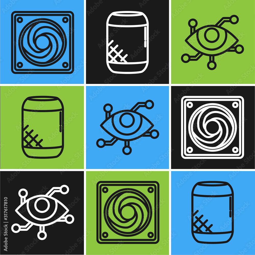 Poster set line computer cooler, virtual reality and voice assistant icon. vector