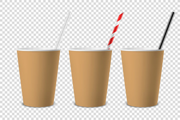 Vector 3d Realistic Brown Disposable Opened Blank Paper, Plastic Coffee, Tea Cup for Drinks with Straw Icon Set Closeup Isolated on Transparent Background. Design Template, Mockup. Top and Front View