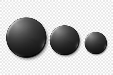 Vector 3d Realistic Black Metal or Plastic Blank Button Badge Icon Set Closeup Isolated on Transparent Background. Top View. Template for Branding Identity, Graphic Presentations. Mock-up