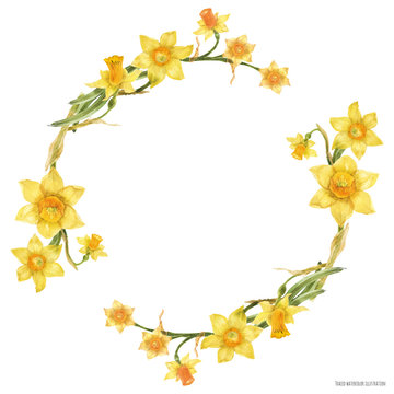 Decorative watercolor wreath with yellow daffodil flowers