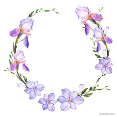 Obraz na płótnie Canvas Decorative watercolor wreath with iris and freesia flowers on a white background