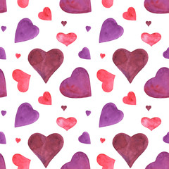 Romantic watercolor seamless pattern with violet hearts