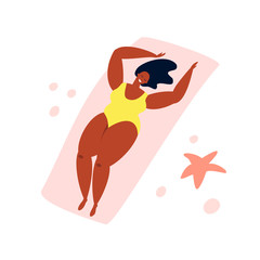 Happy woman of different figure  type on summer beach and starfish.  Vector flat style illustration happy plus size girl are lying  on beige  background. Female cartoon character