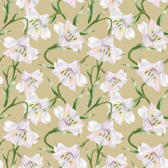 Watercolor alstroemeria beige seamless pattern
