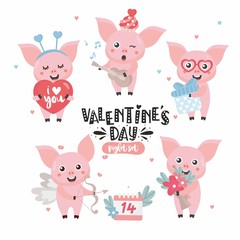 Cute piglet with heart, balloon, flowers in cartoon style. Funny Valentines day character in vector. Childish concept illustration. Hand drawn letters.