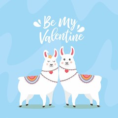 Greeting card with two lovely lamas. Be My Valentine. Valentines day illustration. Lama in cartoon style. Lovely card with cute Llamas.