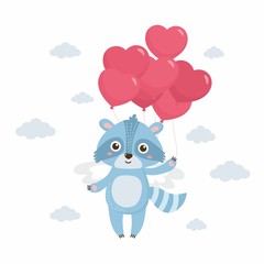Be my Valentine. Cute raccoon with heart balloon in cartoon style. Funny Valentines day card. Childish concept illustration.