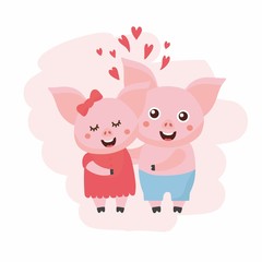 Valentine's Day greeting card. Cute illustration with sweet pigs and love theme illustration. Romantic relationship lover. Animals love.
