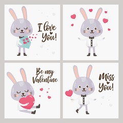 Valentine's Day Greeting card set. Illustration with sweet rabbit, lettering and other love elements.