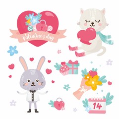 Set of Valentine's Day elements. Cute illustration with sweet rabbit, cat with heart, flower bouquet and gifts. Big heart with lettering.