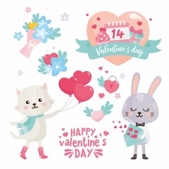Set of Valentine's Day elements. Cute illustration with sweet rabbit, cat with heart balloons, flower bouquet. Big heart with lettering.